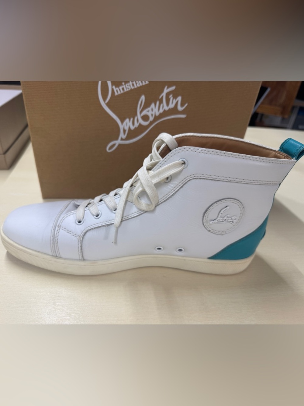 Christian Louboutin White Leather High-Top Sneaker Teal Heel Accent 46 EU men 13